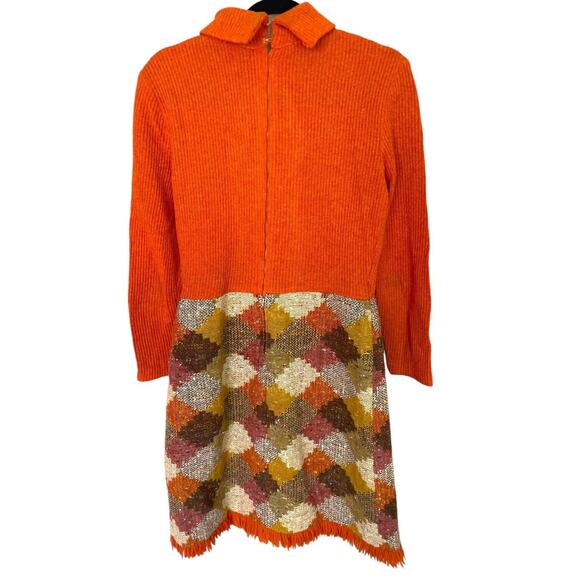 60s Vintage Orange Sweater Knit Fall Tapestry Dress Fringe Long Sleeve Autumn - Picture 3 of 3